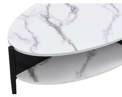 Vente-unique Ovale salontafel met 4 nissen van MDF en metaal - Wit marmereffect en zwart - EVARO