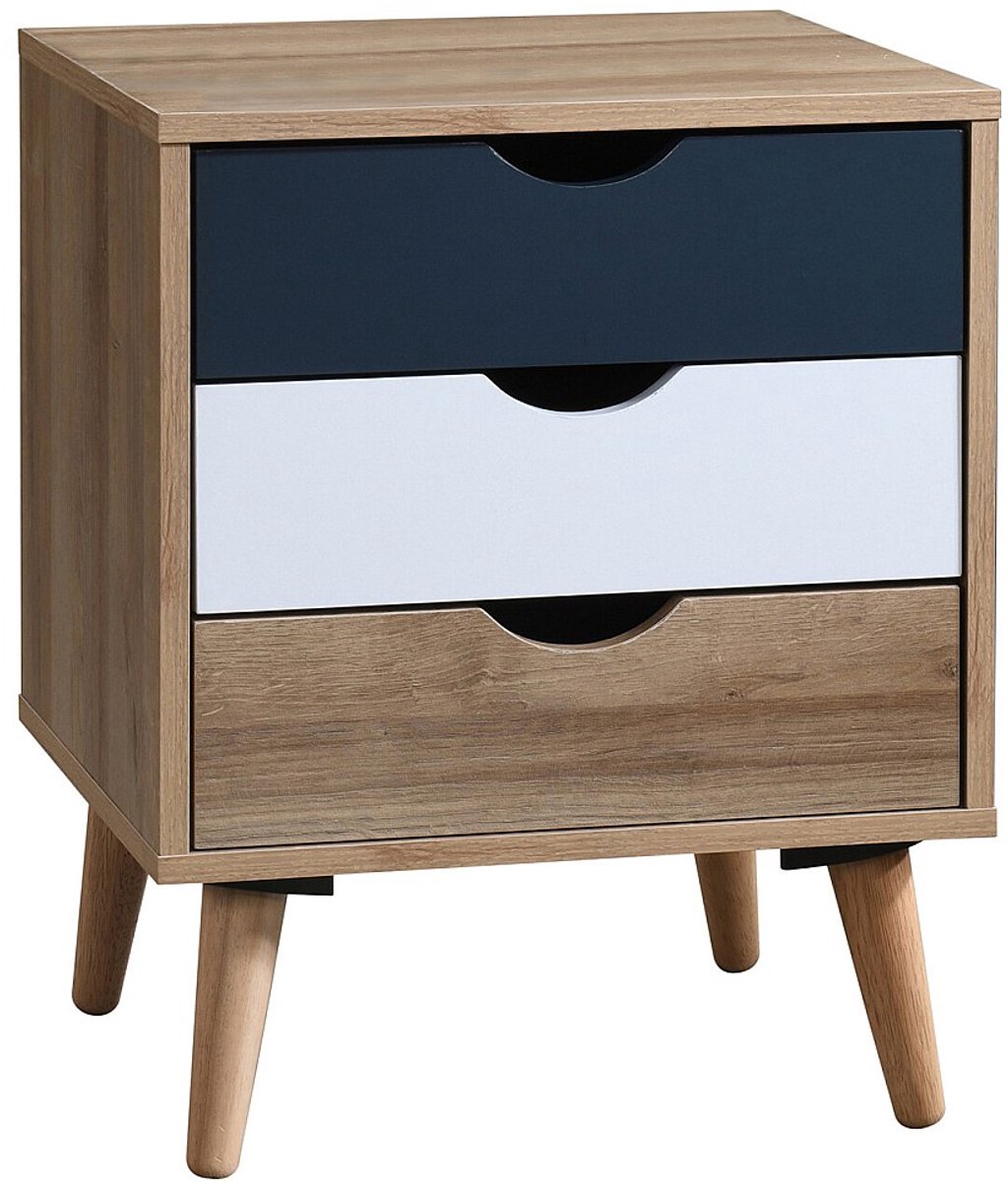 Vente-unique Nachtkastje met 3 lades - Kleur: naturel, wit en marineblauw - LURVIA Veelkleurig