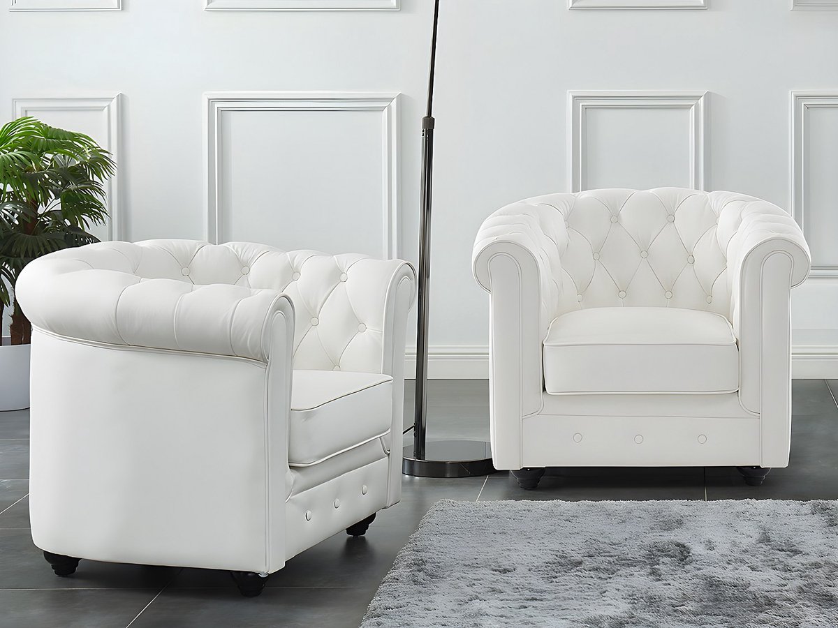 Vente-unique Set van 2 fauteuils van buffelleer CHESTERFIELD - Wit