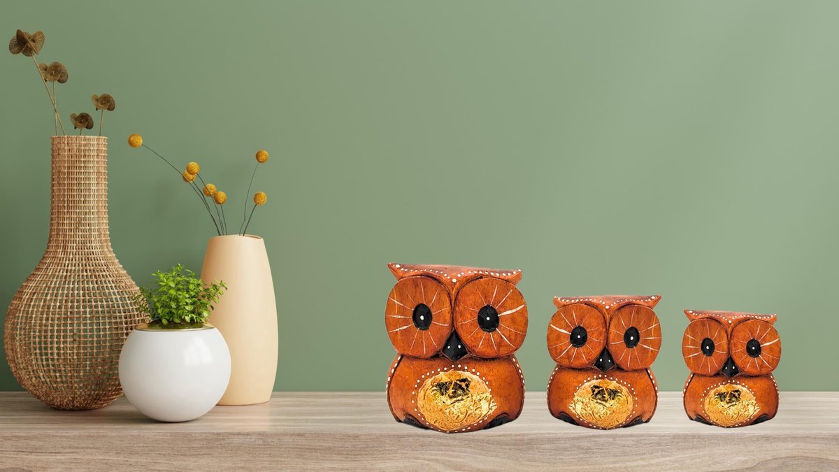 Stunq® Uilenset van 3 Stuks, Houten Decoratie - Handgesneden & Goudgeëtst