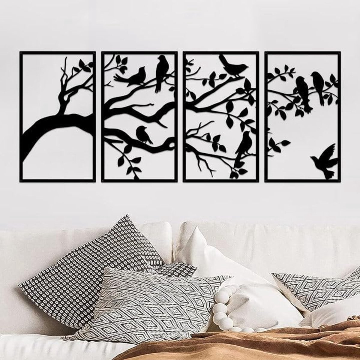 Stunq® Metaal Vogel Takken Wanddecoratie Set - Zwarte Bladeren en Vogel Silhouetten