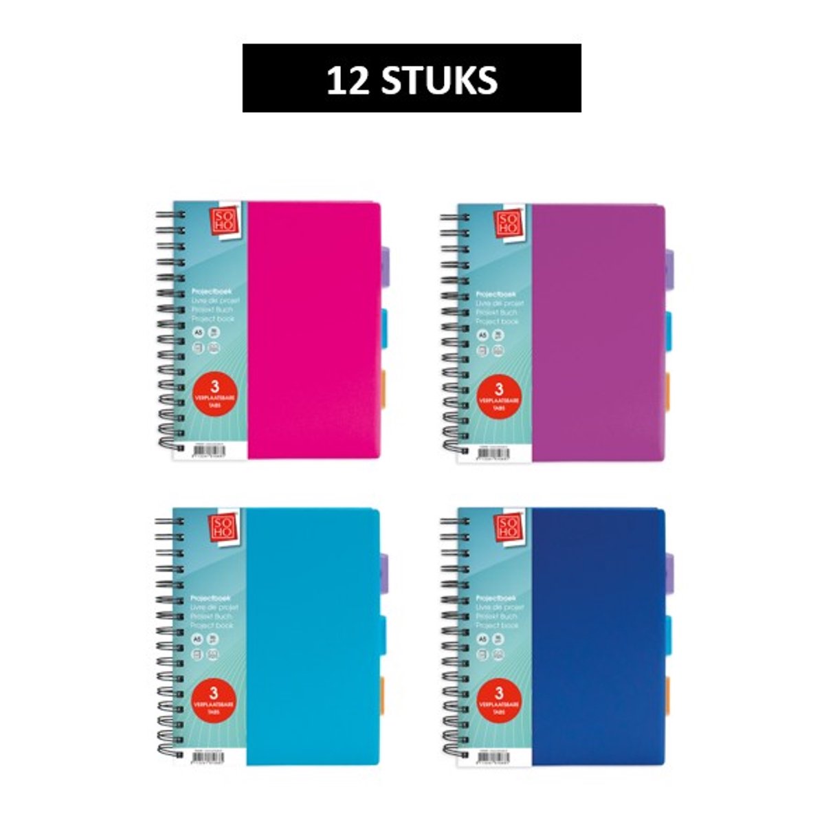 SOHO Projectboek – Collegeblok – Lijntjespapier – 3 verplaatsbare tabs – 200 vellen – A5 – Trend kleuren - 12 Stuks