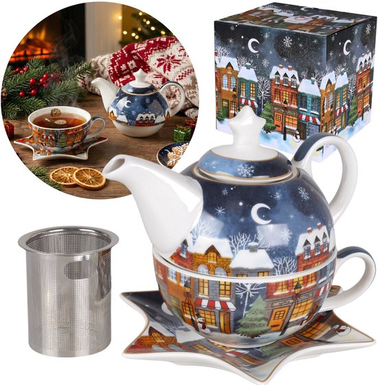 CHRISTMAS CITY Ensemble de thé : TASSE en porcelaine 300 ml avec théière 350 ml, soucoupe et boule à thé, CADEAU FESTIF