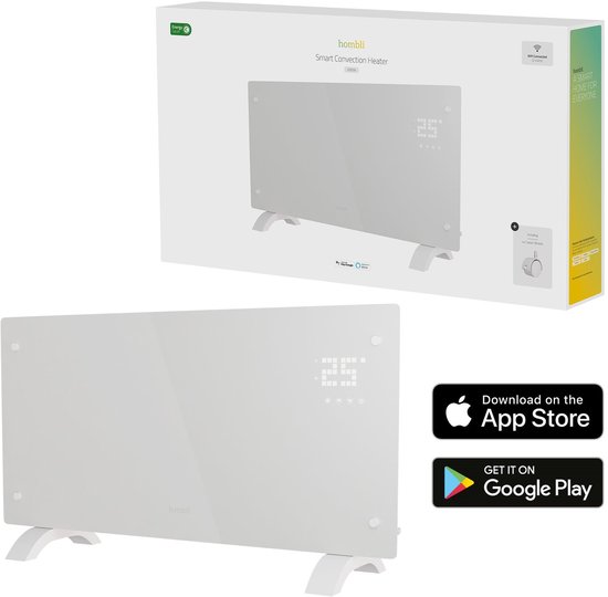 Hombli Elektrische Kachel – Convectorkachel – Elektrische Radiator – Heater – Smart App – 25m2 – 2000W – Wit Glas