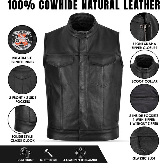 Urban 5884® - Luka - Veste de moto pour homme - Protection amovible - Zwart - Cuir de vache - Taille M