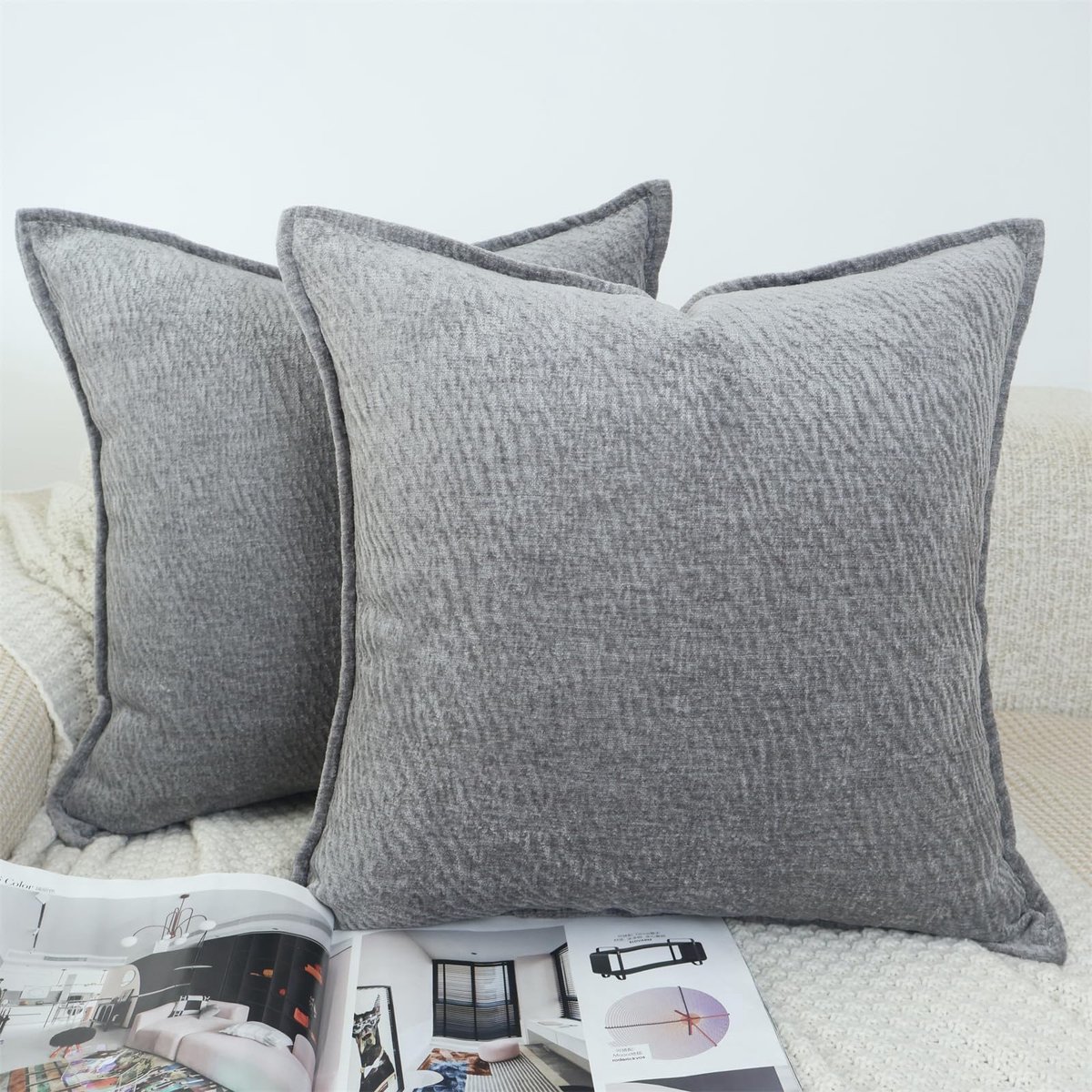 Unyqoos Set van 2 stijlvolle chenille kussenslopen voor moderne woondecoratie grijs