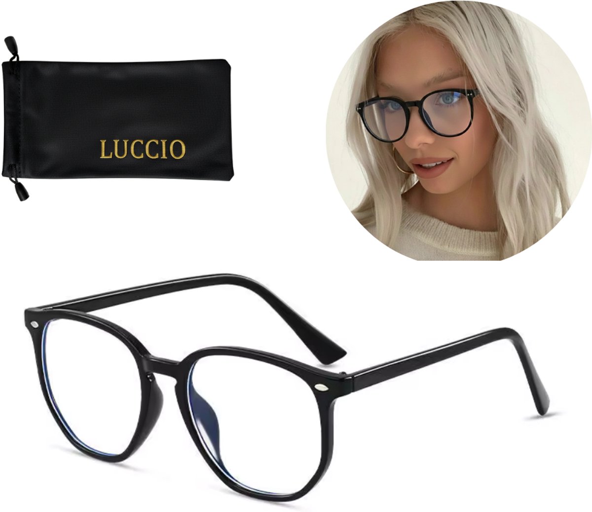 LUCCIO Blauw Licht Bril - Blue Light Glasses - Blauw Licht Bril Zonder Sterkte - Beschermend - Blue Light Blocking Glasses - Rond montuur - Zwart frame