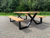 picknicktafel staal en Lariks hout| stalen X-frame| Douglas hout| moderne tuintafel| tuinset| tuinmeubelen| industriele picknicktafel|picknicktafel industrieel