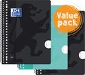 Bloc-notes Oxford noir avec lion gris et un bloc turquoise avec lion turquoise. Cercle orange avec 'Value pack'.