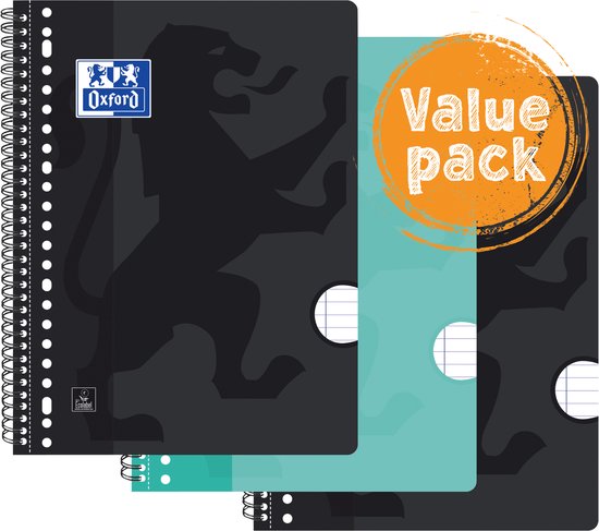 Bloc-notes Oxford noir avec lion gris et un bloc turquoise avec lion turquoise. Cercle orange avec 'Value pack'.