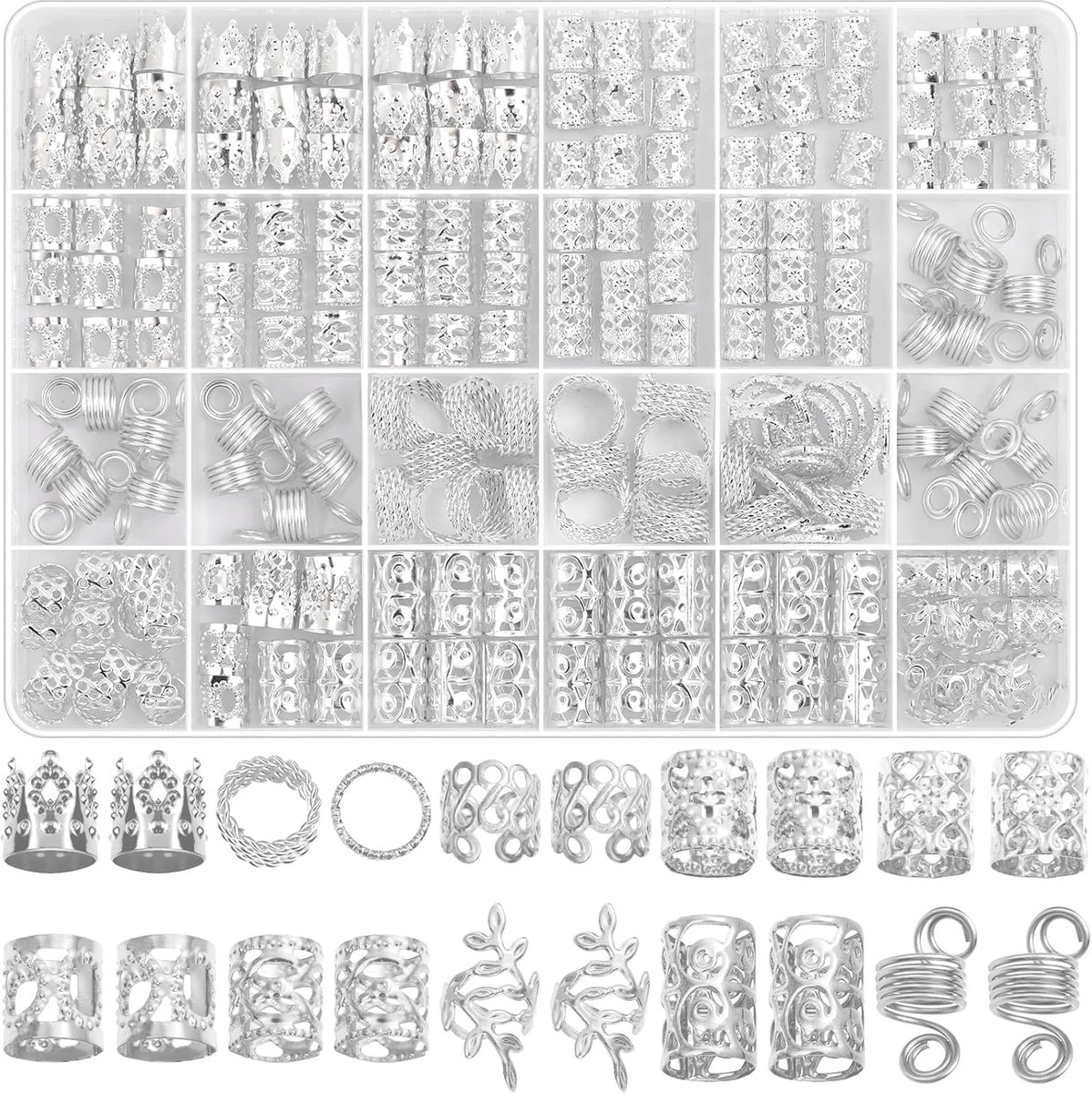 Famanu – 220-delige zilveren vlechtsieraden/dreadlock charms, ringen/cuffs/clips