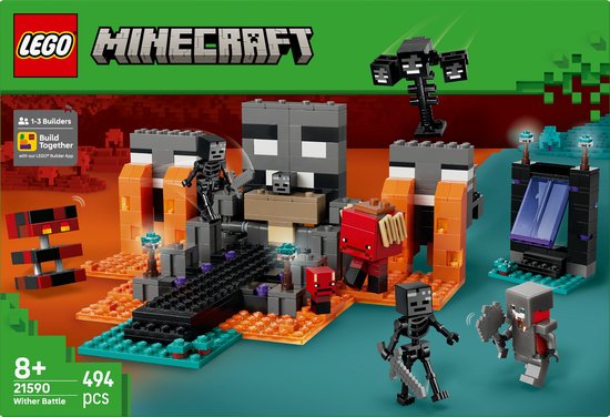 Boîte de set LEGO Minecraft Wither Battle avec Wither, squelettes, figurines et blocs de construction orange et gris.