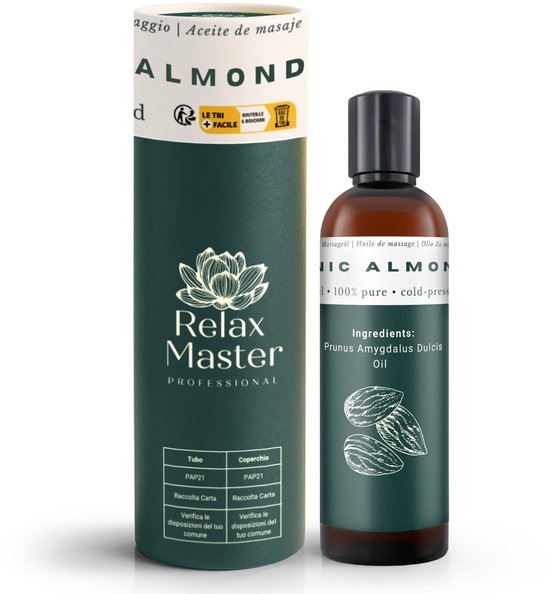 Relax Master Amandelolie 100% Biologisch - 150ml - Koudgeperst en Puur - Zoete Amandelolie Voor Haar, Huid en Gezicht - Geschenkdoos