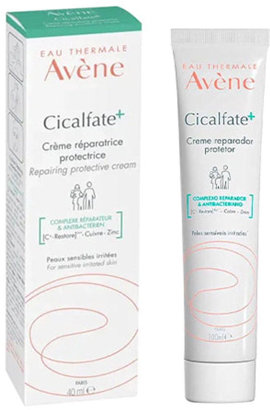 Witte tube en doosje met rode en grijze tekst. Avene Cicalfate+ crème voor gevoelige geïrriteerde huid.