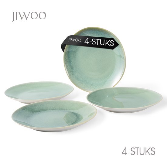 Vier Jiwoo borden met reactief glazuur in verschillende groentinten. Een banner zegt 'Jiwoo 4-stuks'.