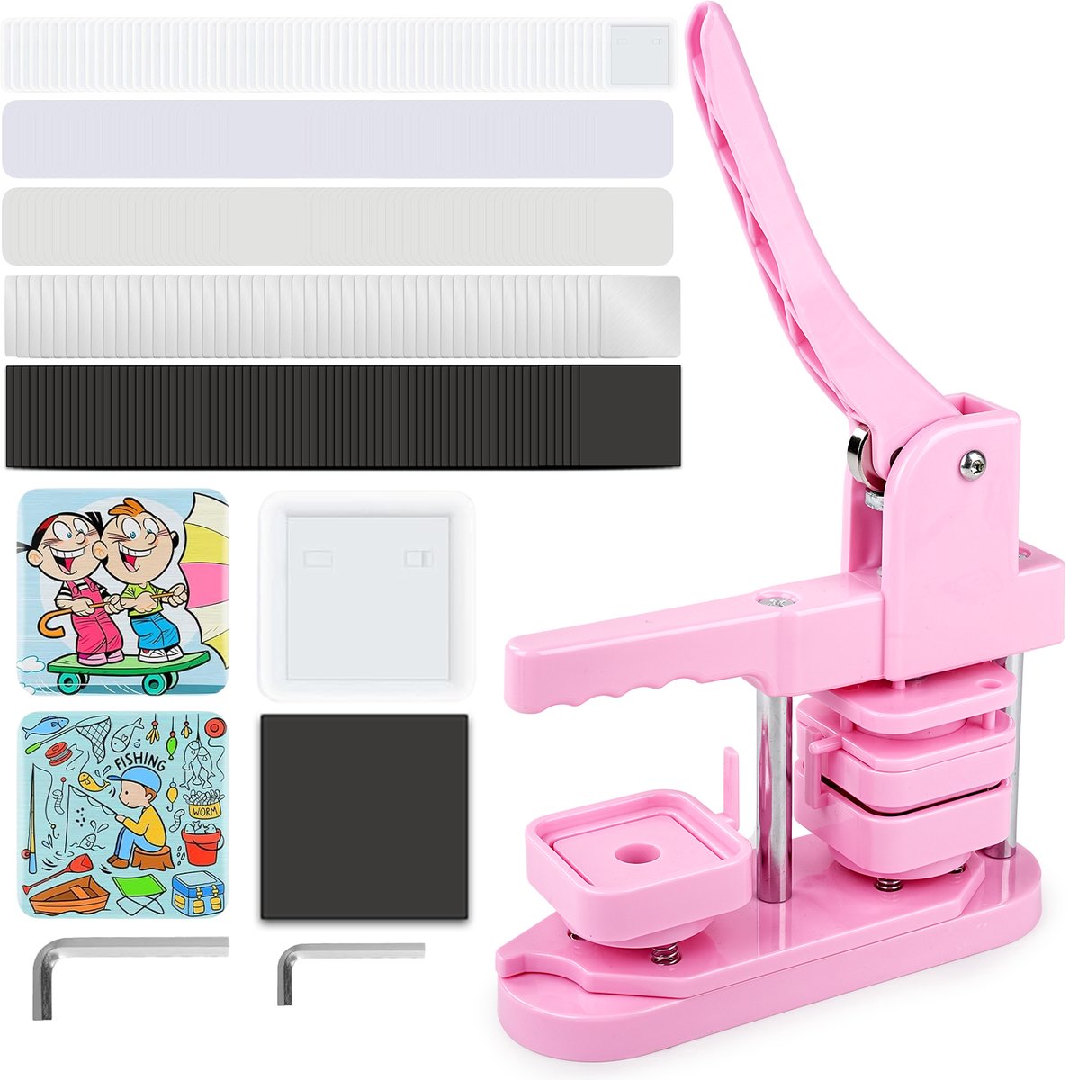 Creatorally Fridge Magnets Buttonmachine - Magneetbadge met 100 sets accessoires - Vierkante Penning Magneet Maakset - 50 x 50 mm - Badge Maker Machine - Pin maker - Button Maker - roze