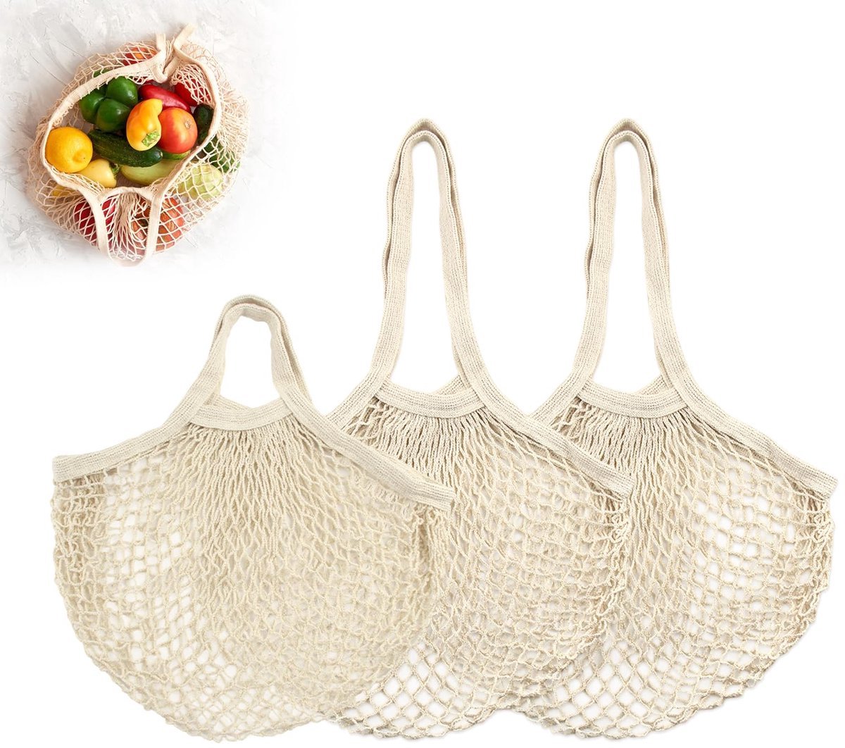 Stunq® Herbruikbare Boodschappentas Net van Katoen - 3 Stuks, Beige