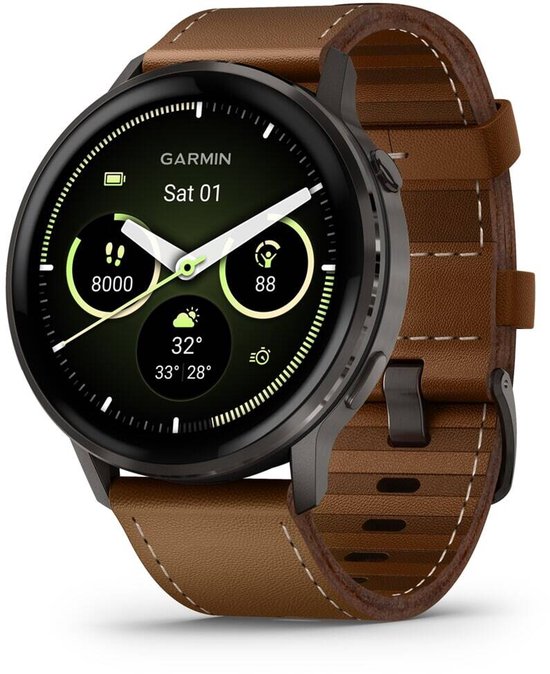 Garmin Venu 4 45 mm Smartwatch - Zwart - Donkerbruine Leren Band