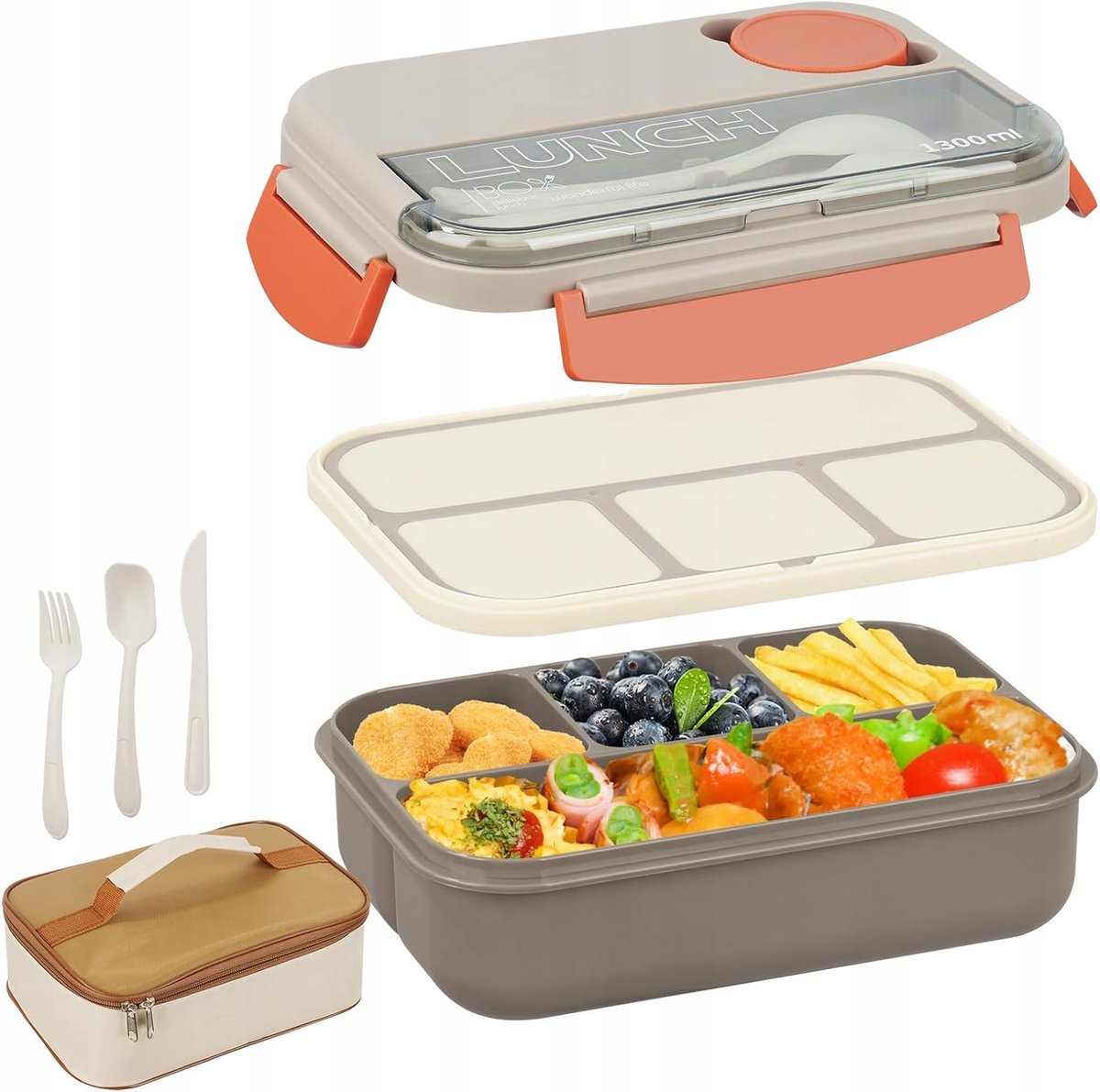 Lunchbox 1300ml met 3 vakken, isolatietas en bestek
