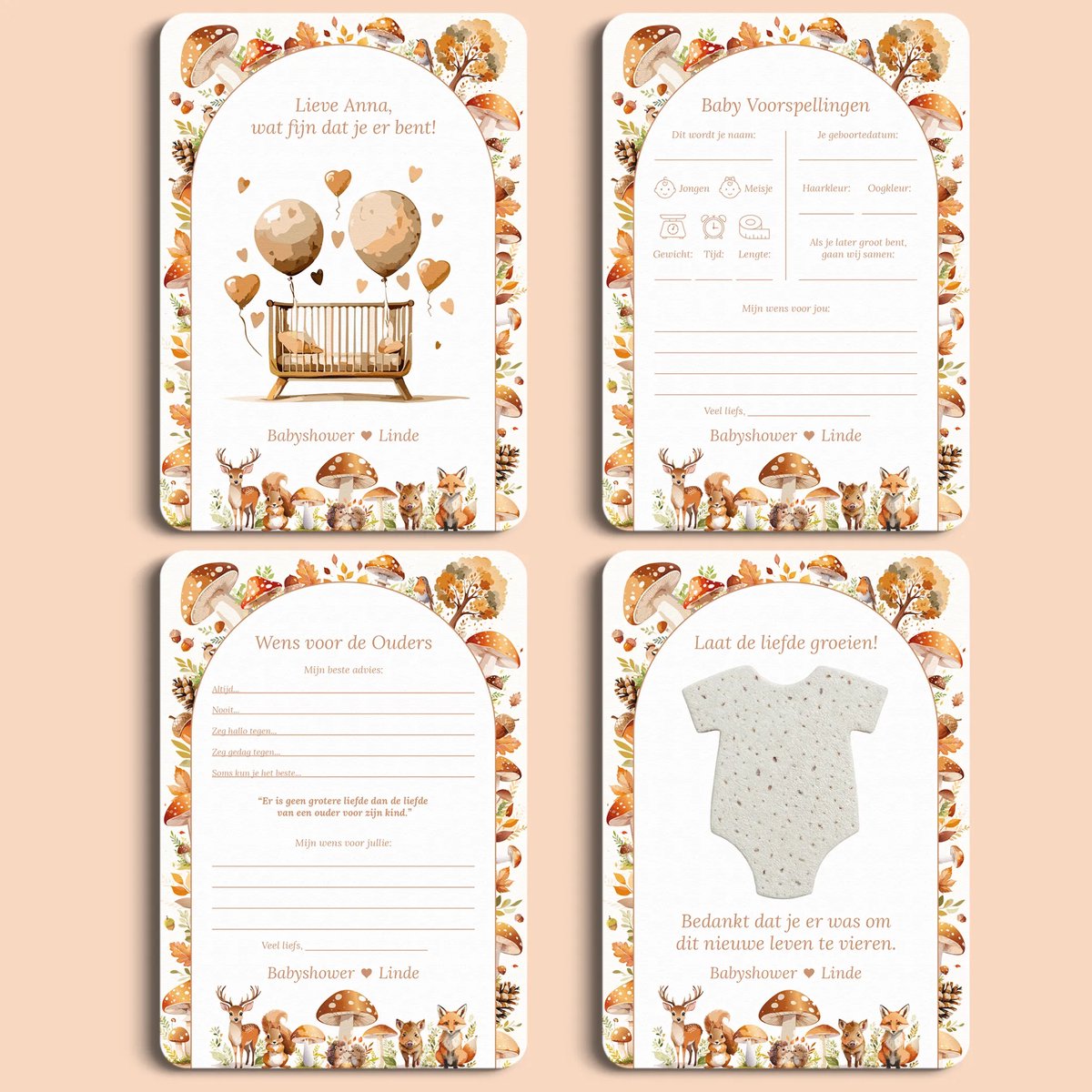 Gepersonaliseerd Invulkaarten Starterspakket Bosdieren – 20 kaarten op Premium Biotop 300 g/m² – Voor Babyshower, Gender Reveal, Kraamborrel of Moment naar Keuze – Cadeau & Decoratie | Studio Miron