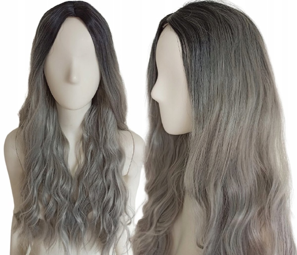 Ombre Grijs Gekruld Haar Pruik - Lange Golven, Zonder Pony