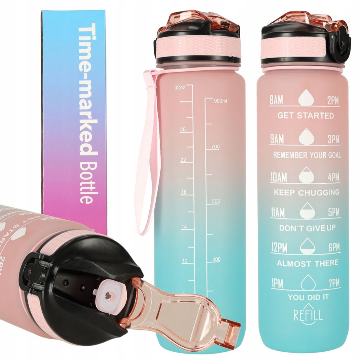 Motiverende Waterfles Bidon 1L met Rietje en Handvat - BPA-Vrij