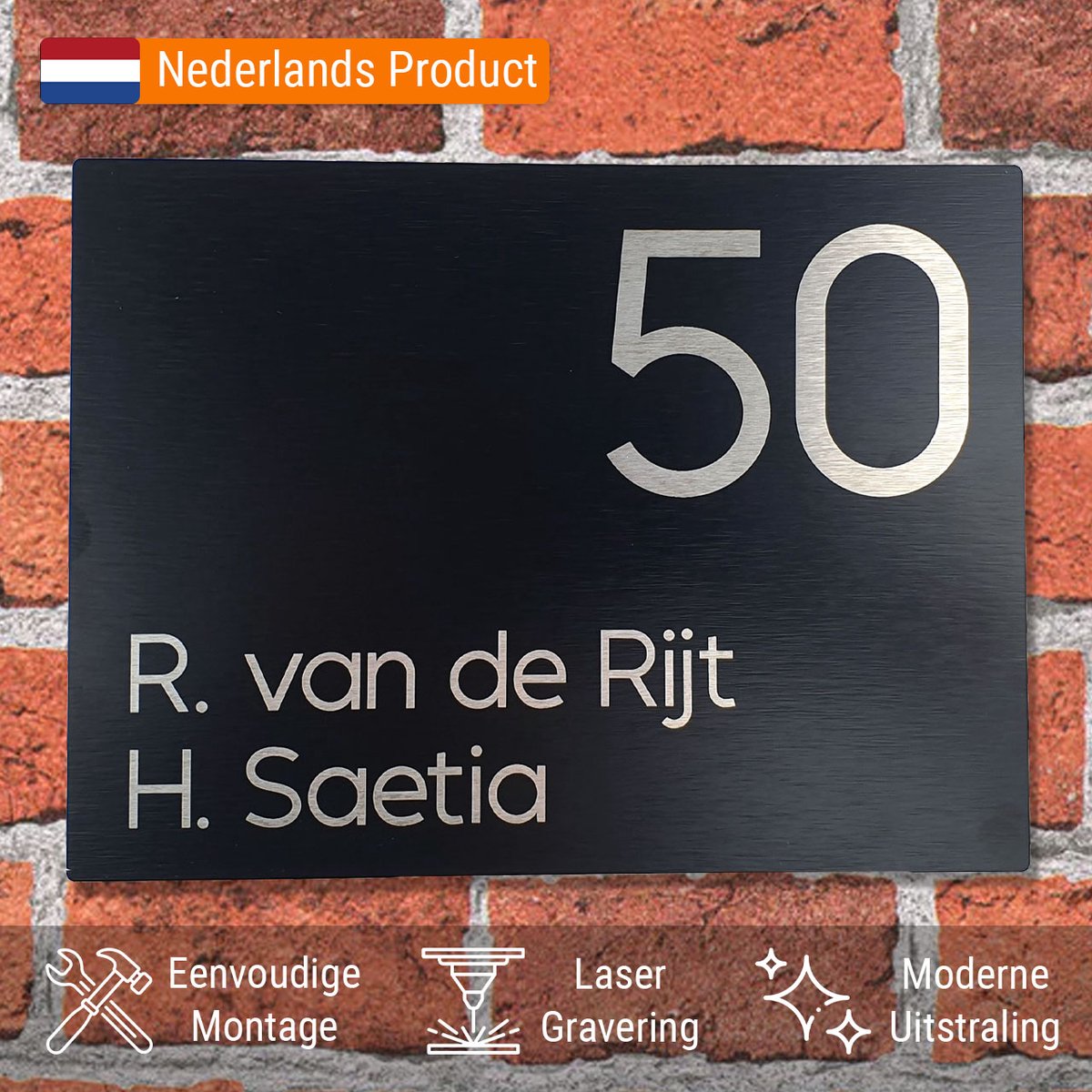 Naambordje voordeur zwart RVS Look gegraveerd - 20 x 15 cm - Zelf ontwerpen - Luxe uitstraling - Met of zonder huisnummer - Weerbestendig