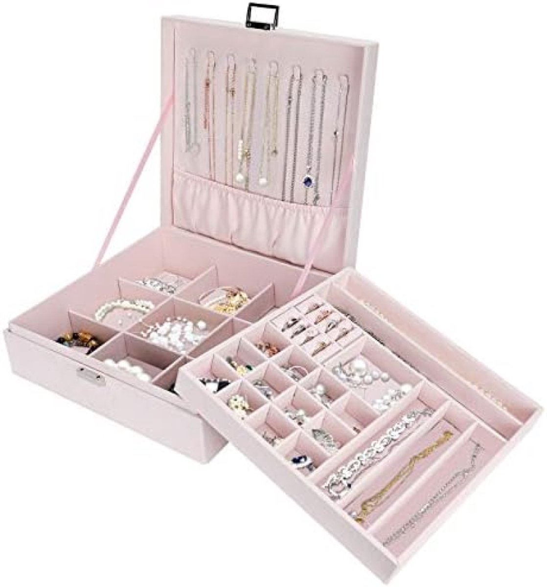 PromoHome Sieradendoos Organizer - Roze Fluweel Tweelaags Opbergsysteem