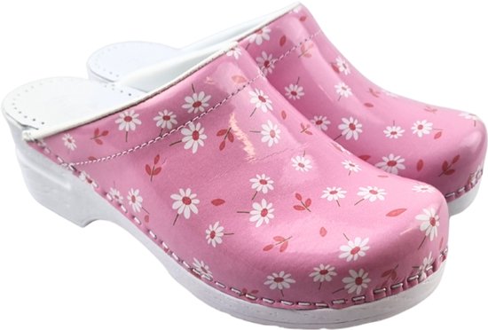 Roze PU klompjes met witte madeliefjes en rode blaadjes, witte zool.
