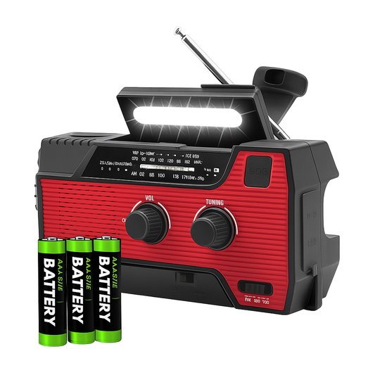 6 IN 1 SOS Noodradio - Werkt ook op Penlite Batterijen - Opwindbaar + Zonneenergie - Bouwradio - Model 2025 USB C + Nood Radio - Noodpakket Op ingebouwde Batterijen ( Accu ) - 4000 MAH - Solar - Voor Noodrantsoen - Rampen - Draagbare - FM AM - Rood