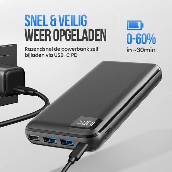 Strex Powerbank - 27.000 mAh - 22.5W Snellader - USB-A/USB-C - LED Indicatie - Universele Powerbank