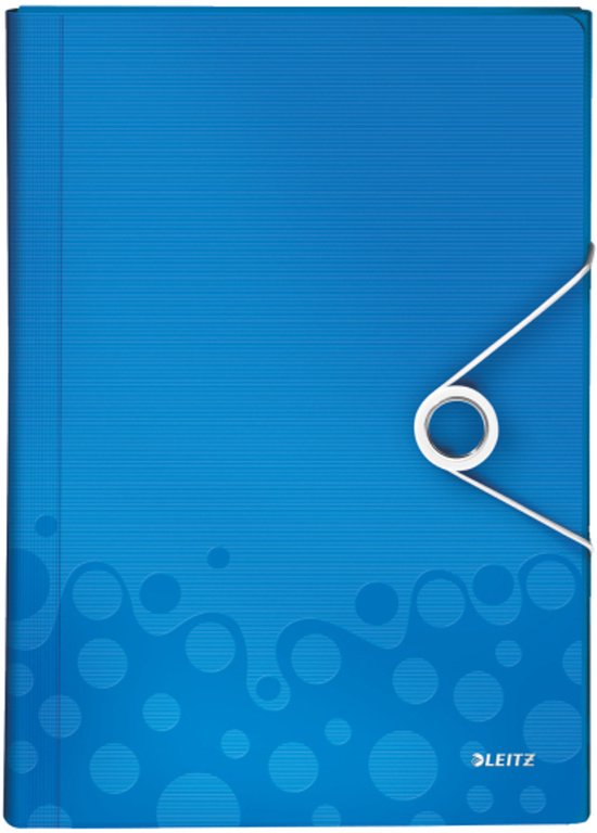 Een blauwe map met cirkelpatroon, sluitelastiek en metalen ring.