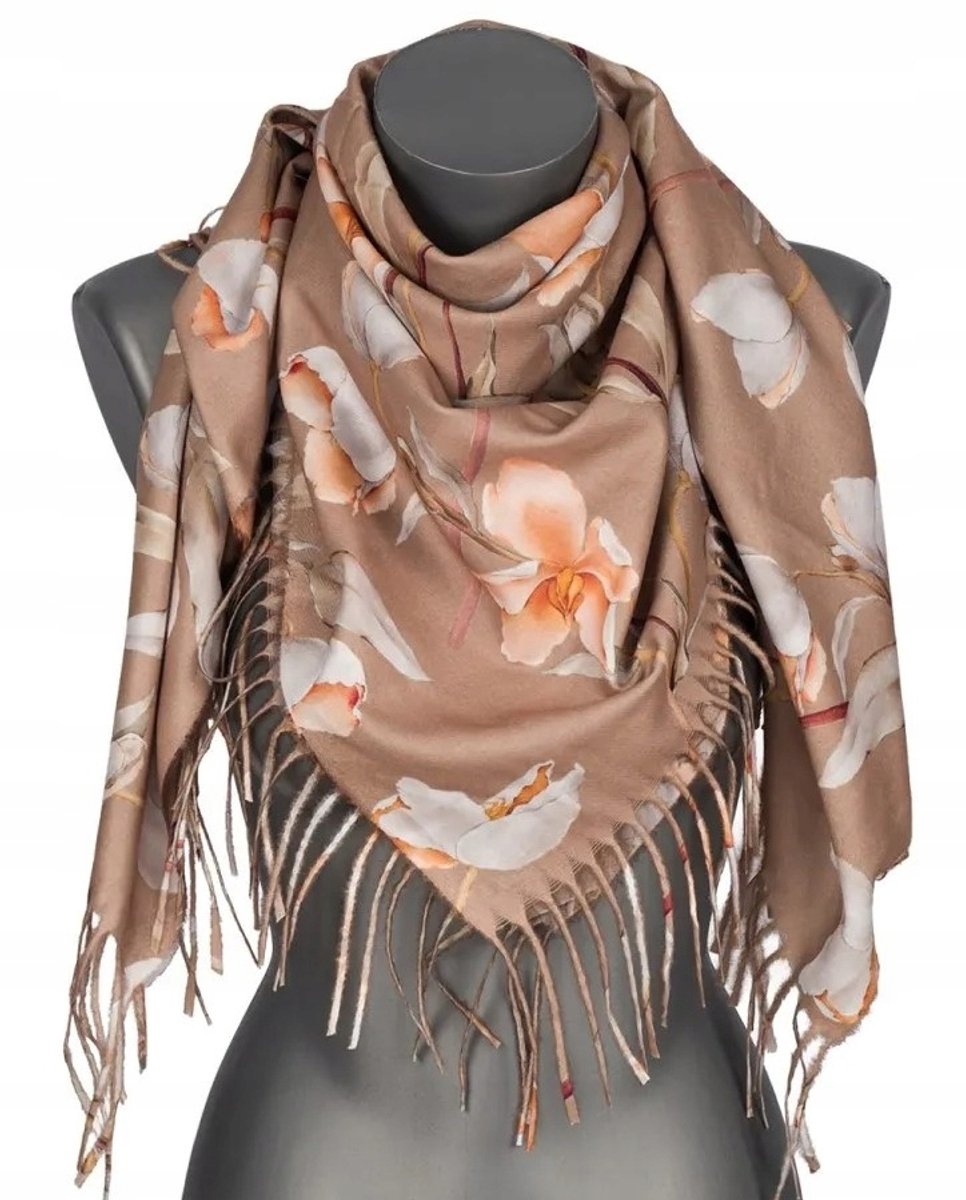 Damessjaal Bloemenprint met Franjes - Beige, Viscose