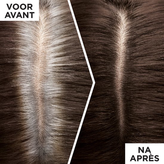 Voor en na vergelijking van L'Oréal Paris Magic Retouch op haarwortels. Links: grijze uitgroei. Rechts: haar gecamoufleerd.