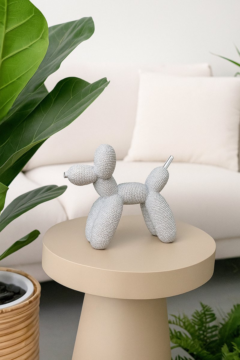 Luxe Decoratiebeeld Poedel Ballonhond – Zilver Glitter – decoratie hond - 17,5 cm – Modern Design