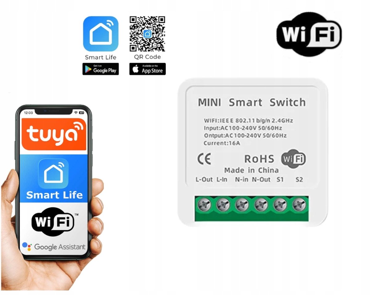 Mini WiFi Slimme Schakelaar 16A Tuya App Bediening