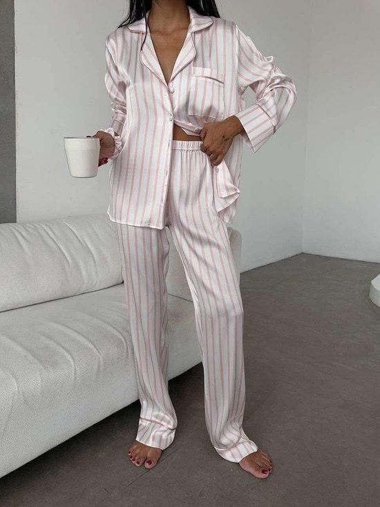 Satijnen Dames Pyjamaset- Luxe- Pyjama- Nachtkleding Gestreept- Wit/Roze Maat M