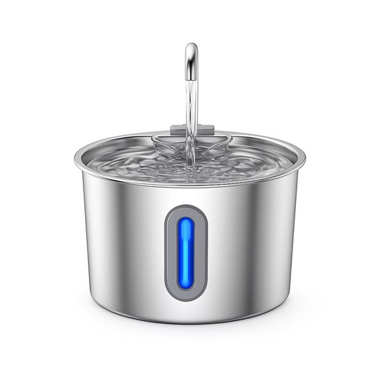 Zilverkleurige RVS drinkfontein met blauwe LED indicator, 2.2L inhoud, water stroomt uit tuit.