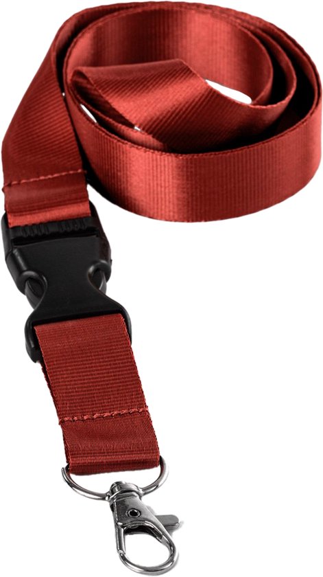 Rood koord opgerold met zwarte kliksluiting en metalen karabijnsluiting.