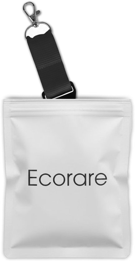 Zwart Ecorare keycord uit een zilverkleurige verpakking.
