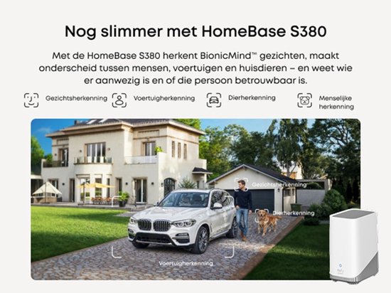 HomeBase S380: man met hond wordt herkend als dier en persoon; witte auto wordt herkend als voertuig.