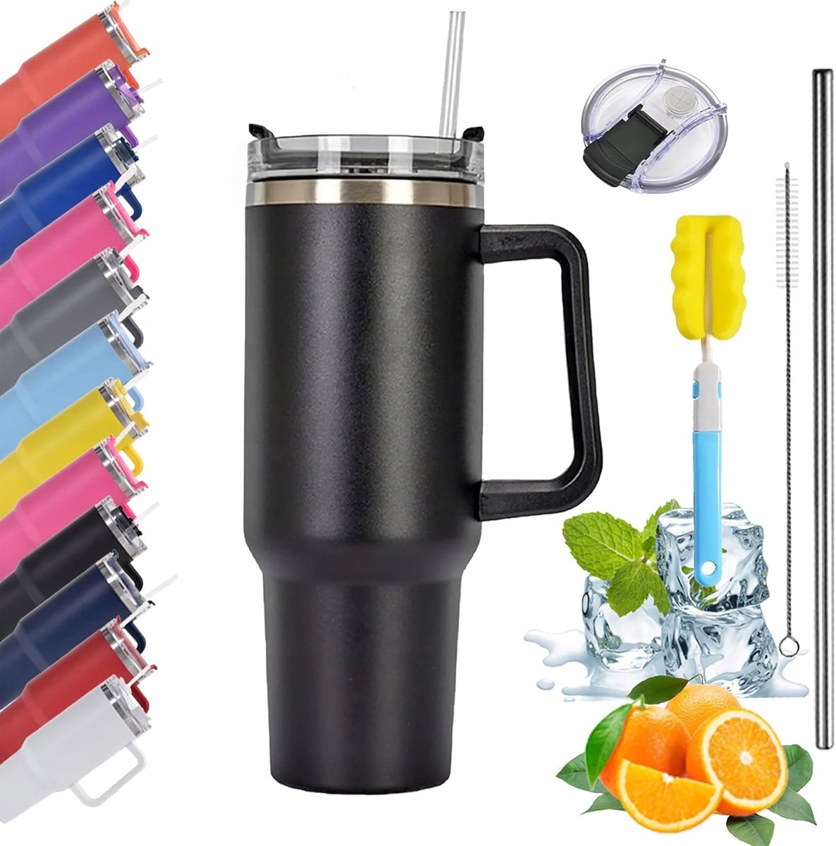 Thermosbeker met rietje 1200 ml, RVS handvat, zwart