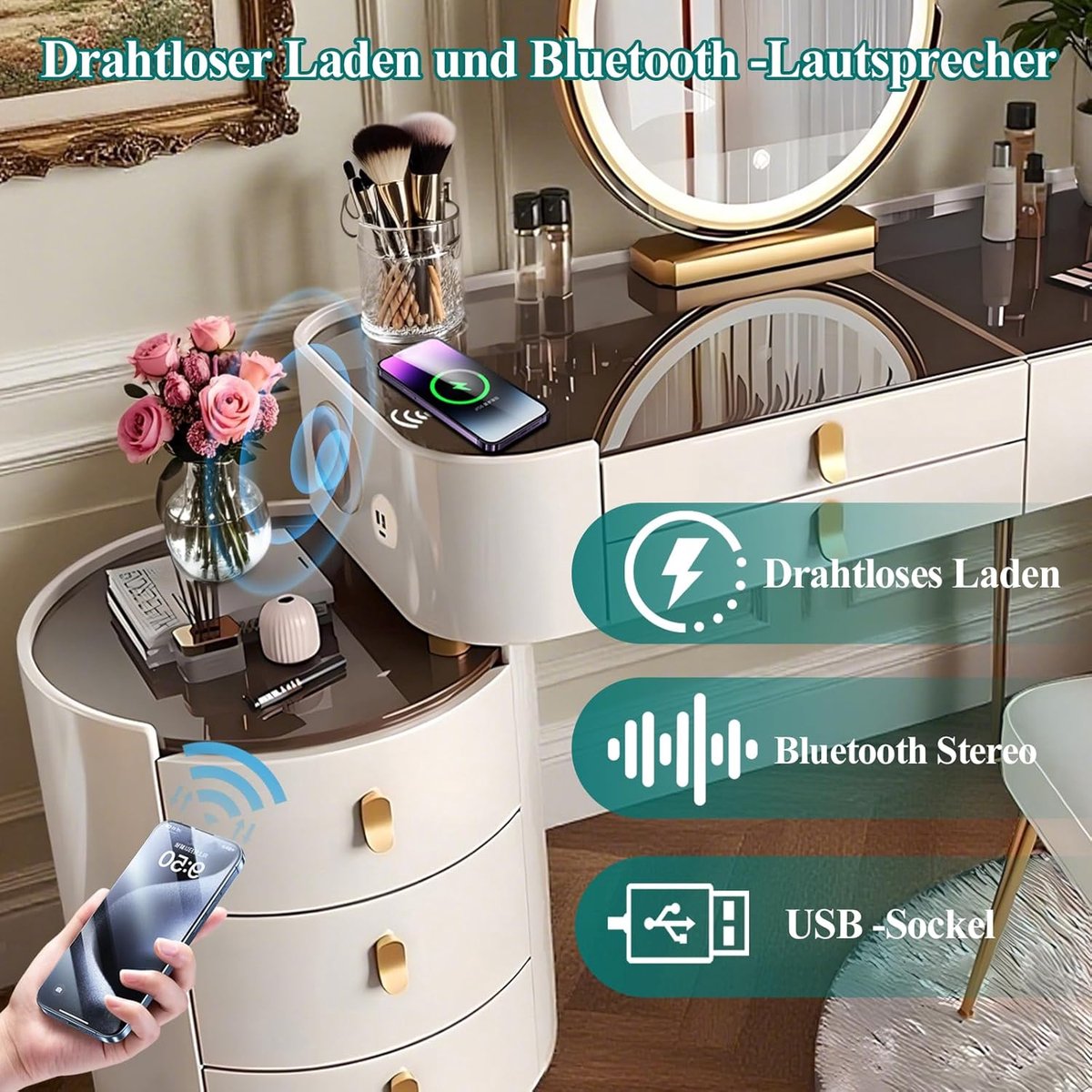 Make-uptafel met Spiegel en LED Verlichting 100x40x76 cm – Novihome Luxe Kaptafel met Bluetooth Luidspreker, Draadloos Opladen, USB-Poort, Glasplaat, Kruk en Laden – Moderne Wit A Schminktafel voor Slaapkamer