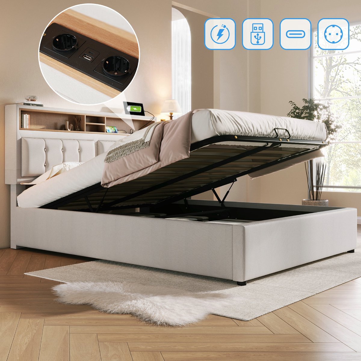 Tweepersoonsbed 140x200 cm opbergbed met USB-C-oplader - bedframe met opbergruimte, gestoffeerd bed met lattenbodem, in linnen, lichtbeige