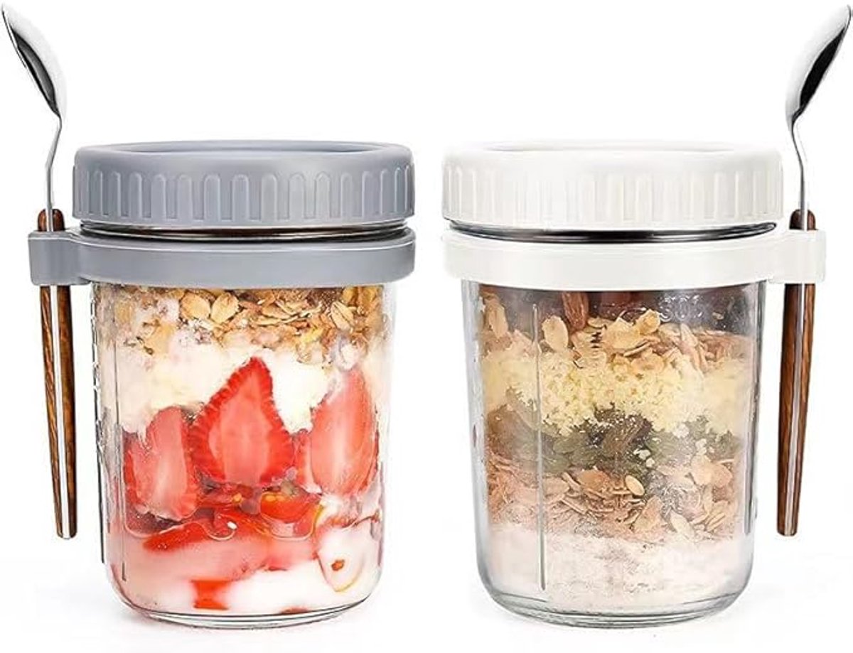 Glazen mueslibeker to go met lepel - 400 ml yoghurtbeker Overnight Oats glazen - Luchtdichte container voor yoghurt - Muesli - Mepal - Pap - Melk - Vruchten (wit)