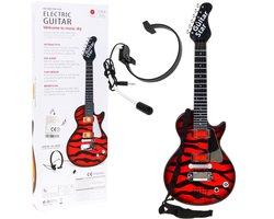 foto van Playos® - Elektrische Gitaar - Rood - Inclusief Headset met Microfoon - met Draagriem - 57 cm - Muzikaal Speelgoed - Speelgoed Gitaar - Sinterklaas