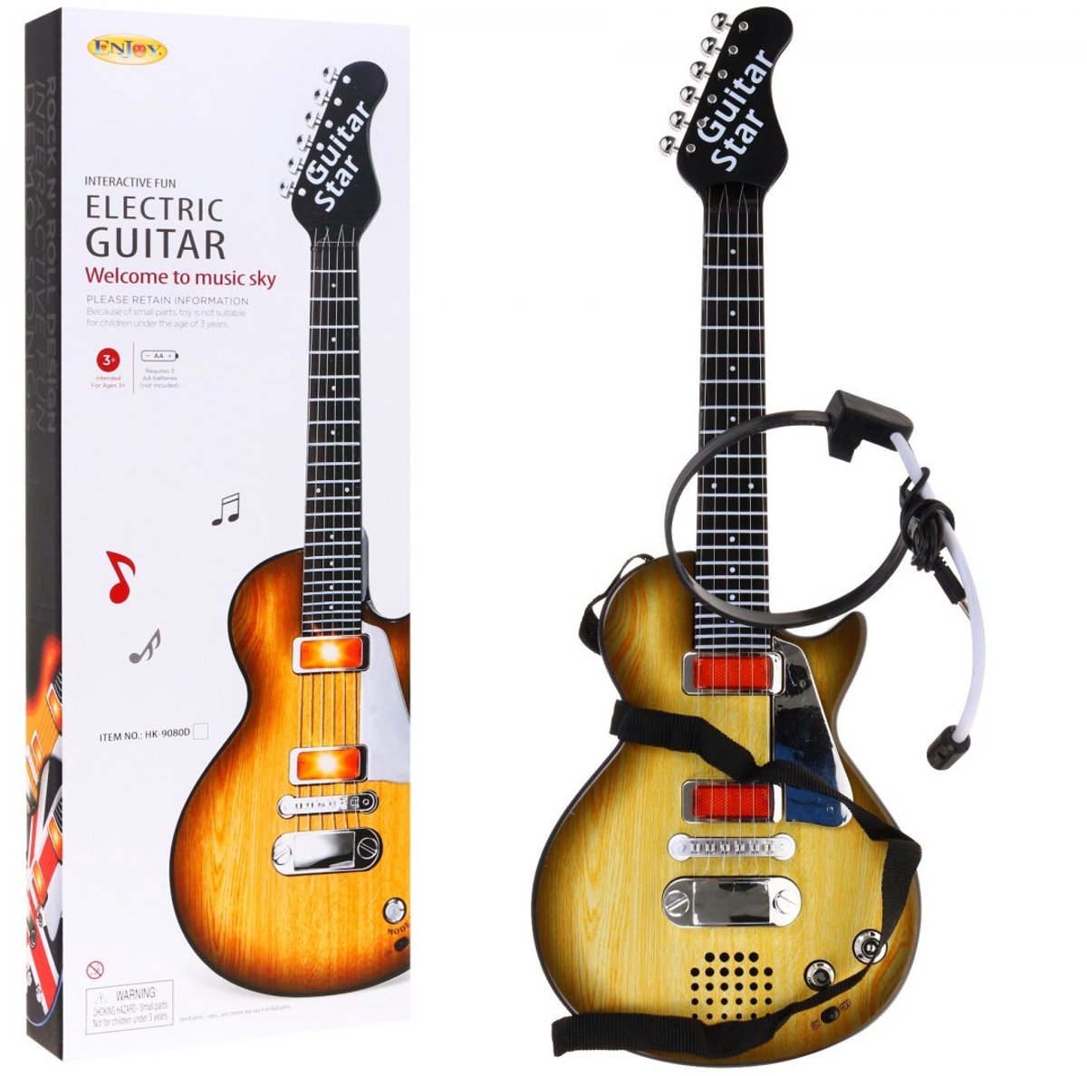 Playos® - Elektrische Gitaar - Houtkleurig - Inclusief Headset met Microfoon - met Draagriem - 57 cm - Muzikaal Speelgoed - Speelgoed Gitaar - Sinterklaas
