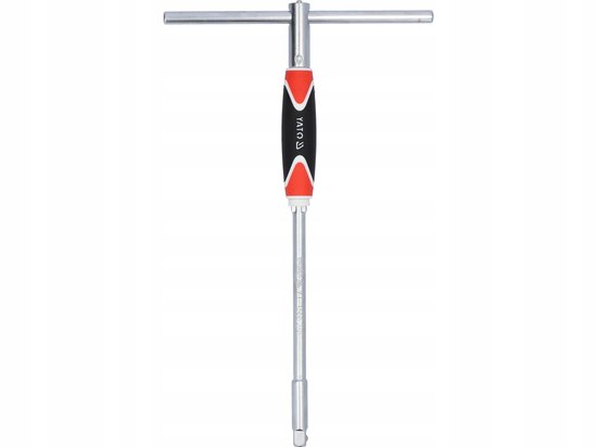 YATO T-adapter met roterende handgreep, zilverkleurig met rode en zwarte accenten.