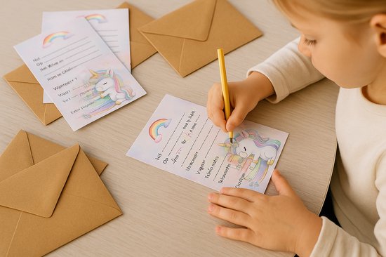 Kinderen vullen eenhoorn uitnodigingskaarten in, met bruine enveloppen op tafel.
