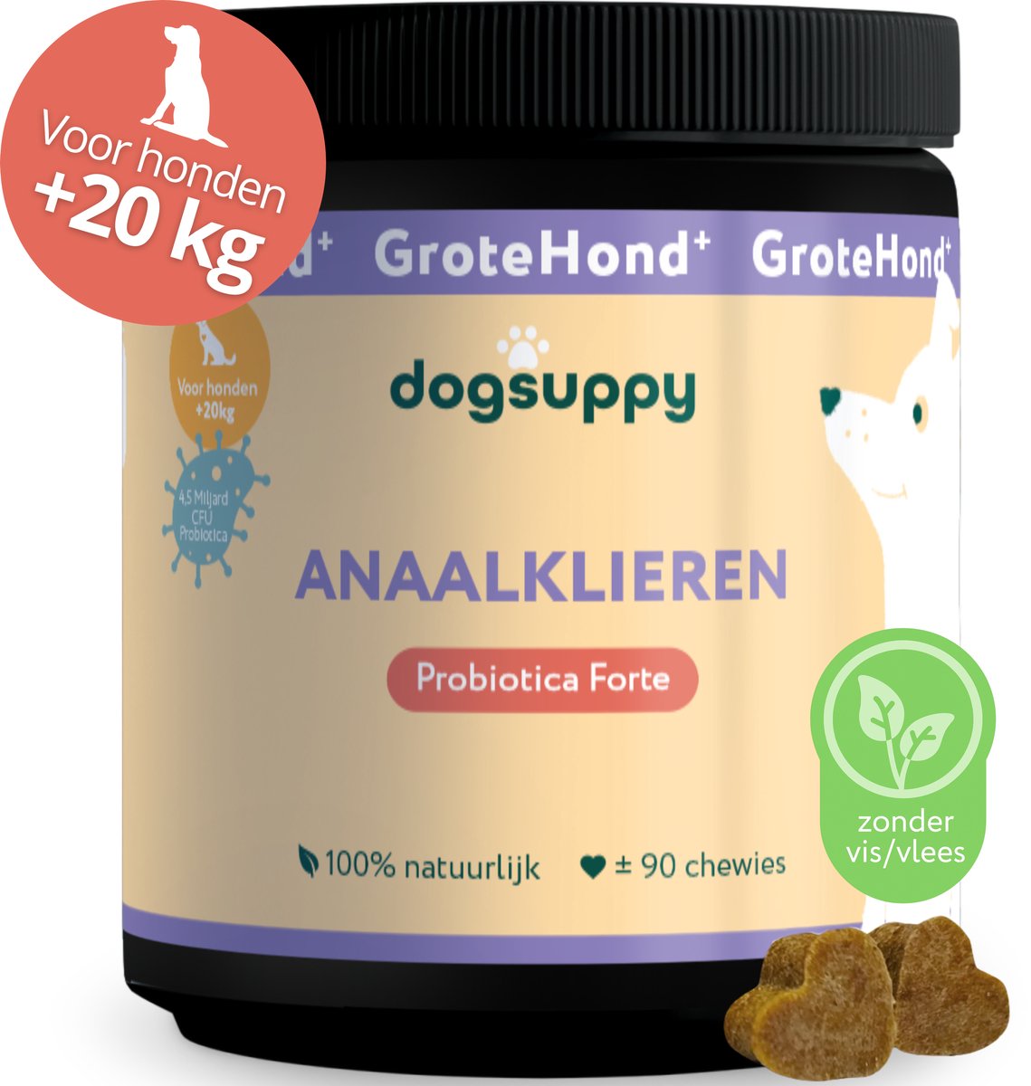 GroteHond⁺ Anaalklieren - Bij Verstopte Anaalklieren, "Sleetje rijden" en Gevoelige anus - 90 snoepjes - 100% Natuurlijk - Ondersteunt Darmgezondheid & Spijsvertering - 4.5 miljard CFU Probiotica per snoepje - Voor Grote Honden +20kg